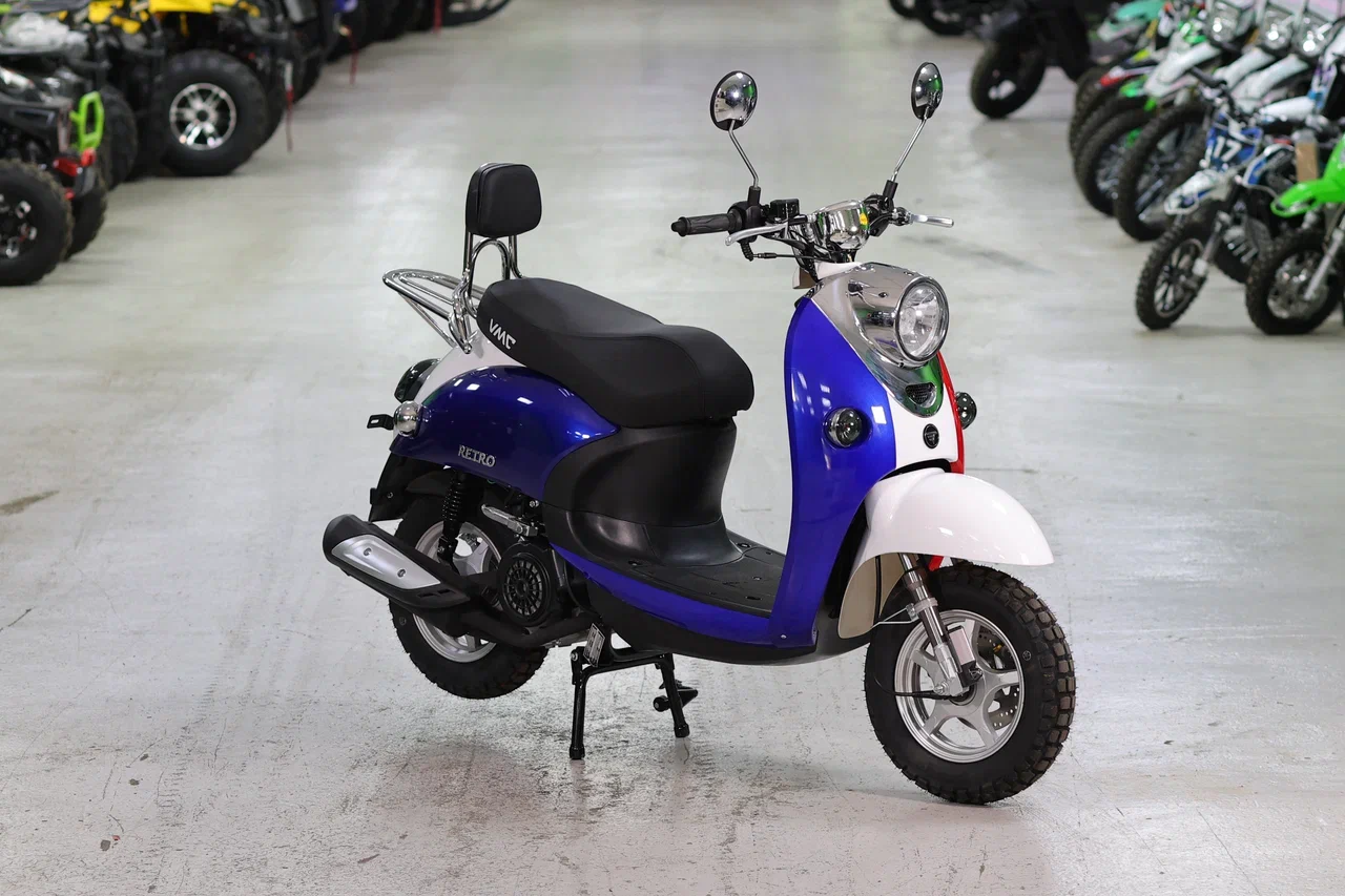 Скутер VENTO RETRO 49cc (150) сигнализация (99кг/100кг) (BLUE/WHITE/RED (Франция)) pitbikemarket.ru