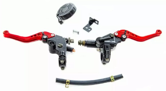 Рычаг сцепления + тормоза с кронштейном и бачком (радиальная) CNC красный pitbikemarket.ru